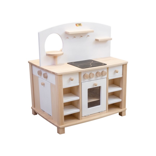Weiße Kindergarten-Küche Cinderella | Natur-Weiß Spielküche fürs Kinderzimmer | 4-seitig bespielbar