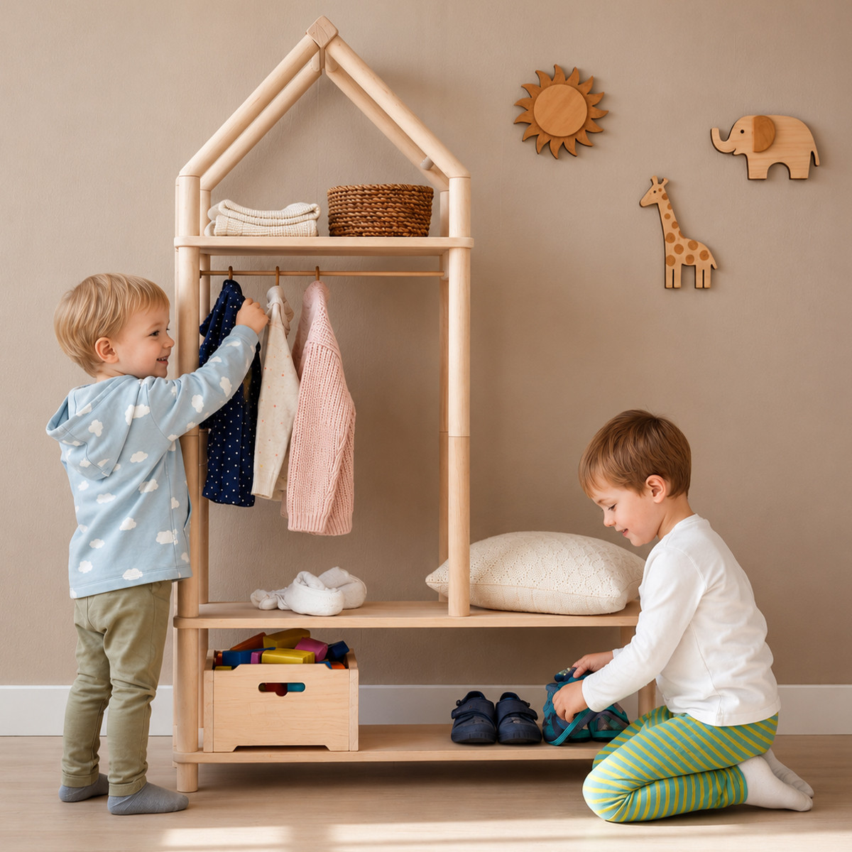 Montessori Garderobe mit Sitzbank