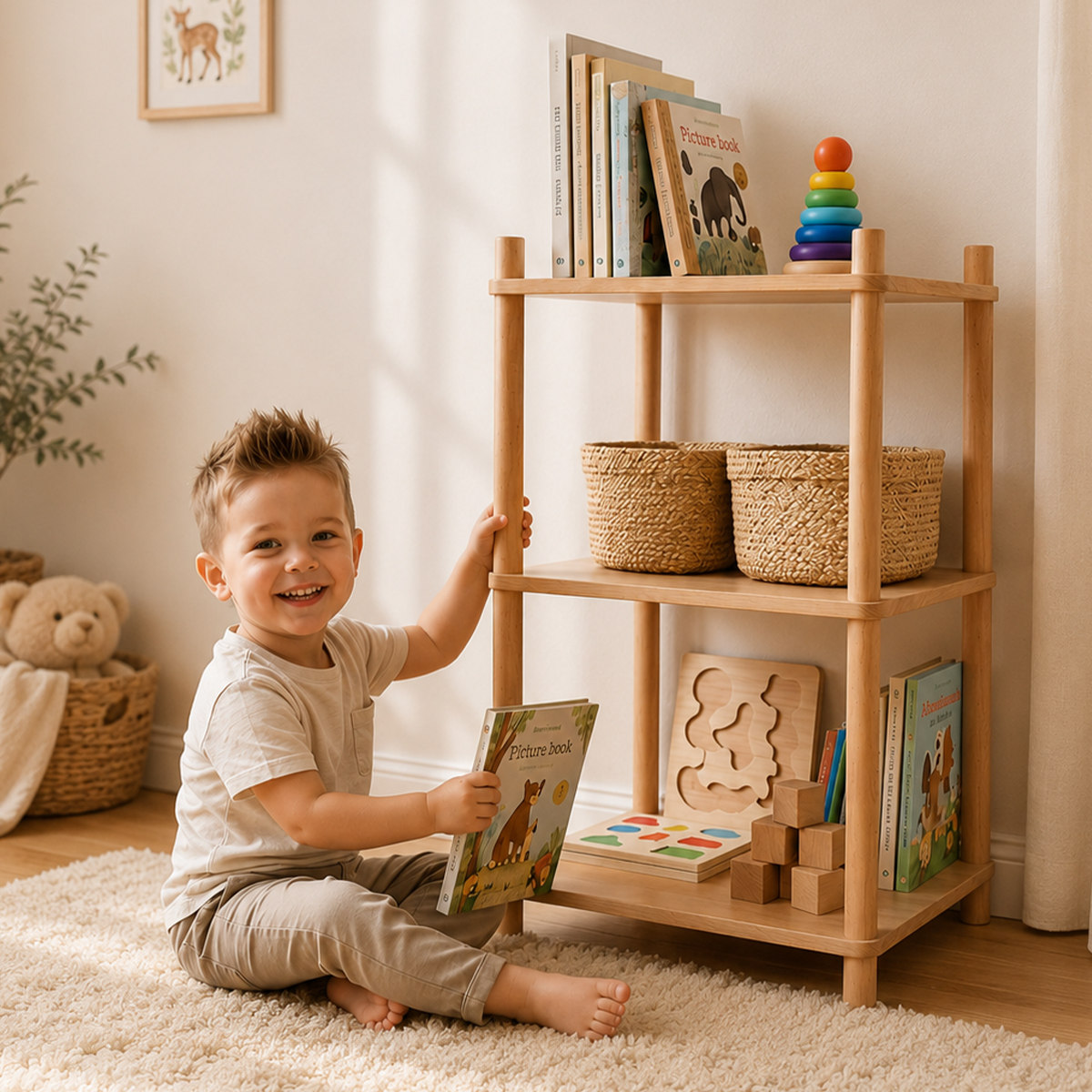 Quadratisches Bücherregal im Montessori Stil