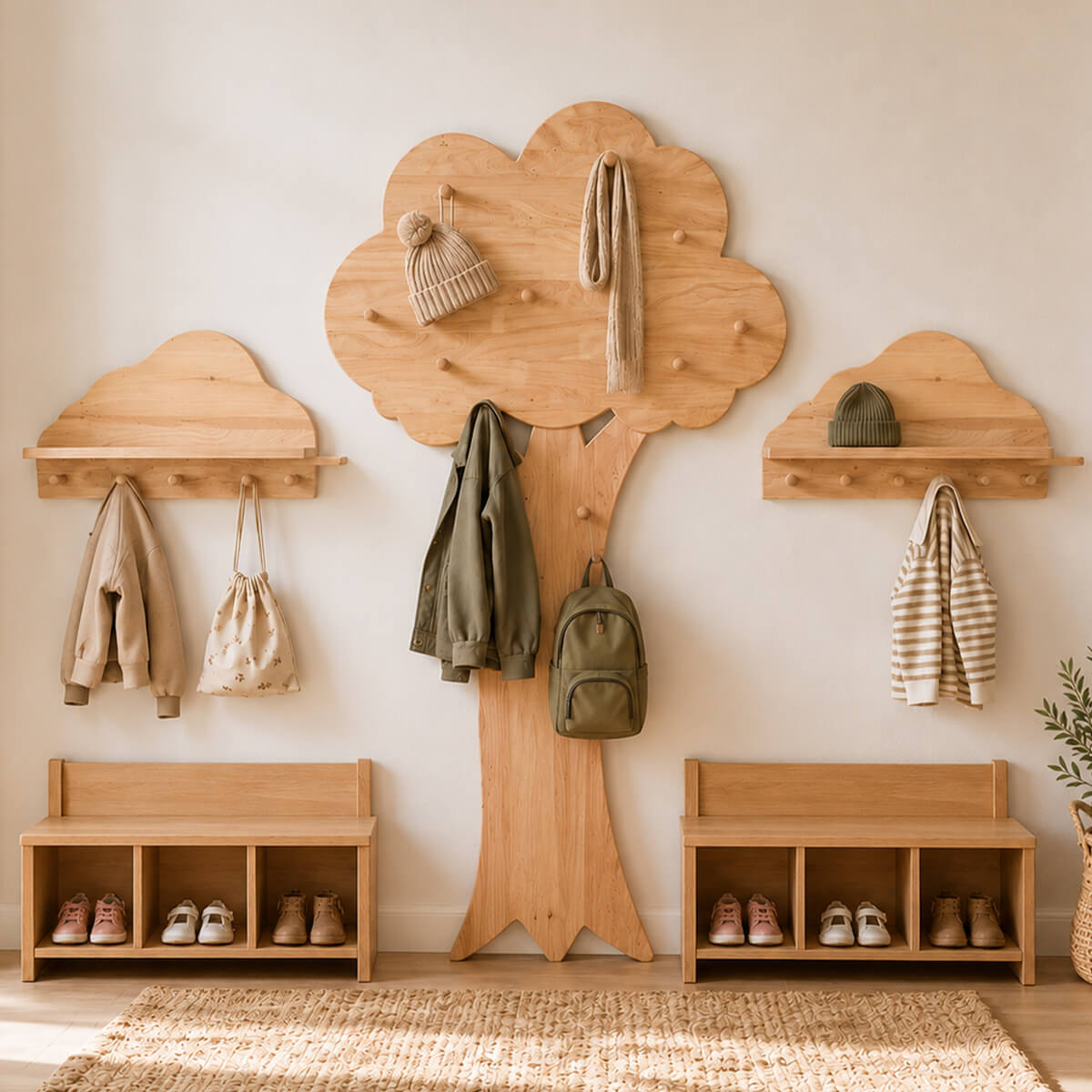 Baumgarderobe Kinder - Kombination mit Wolkengarderobe und Kindersitzbank für Schuhe