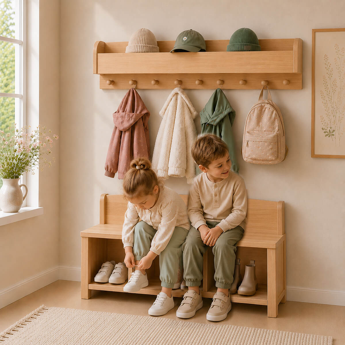 Kindersitzbank für 3 Kinder SIENA - Schuhfächer für den Garderobenalltag