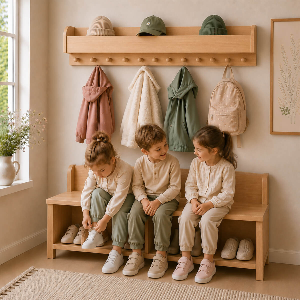 Sitzbank Kindergarten FLORENZ - vier Schuhfächer für Kita und Tagespflege