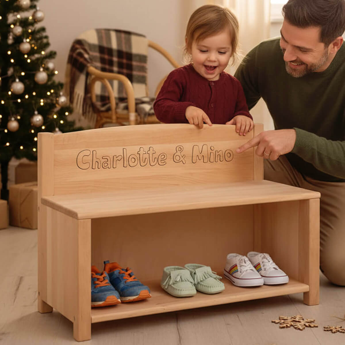 Kinder Sitzbank Garderobe personalisiert per Laser Gravur