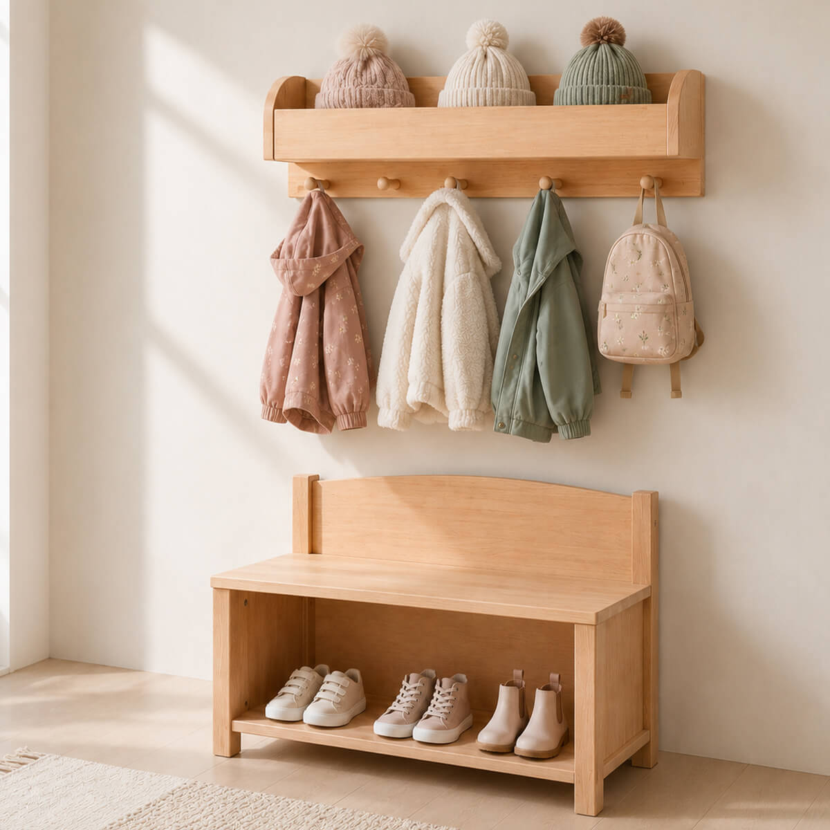Kleine Kindergarderobe mit Sitzbank PORTO - Sitzbank mit Schuhfach als Ergänzung