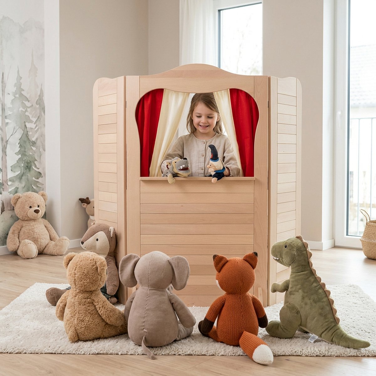 Kind führt begeistert ein Marionettentheater aus Holz vor – stärkt Selbstbewusstsein und Kommunikationsfähigkeiten.