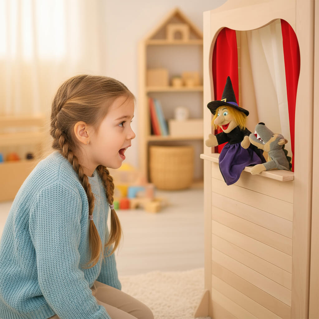 Kind führt begeistert ein Marionettentheater aus Holz vor – stärkt Selbstbewusstsein und Kommunikationsfähigkeiten.