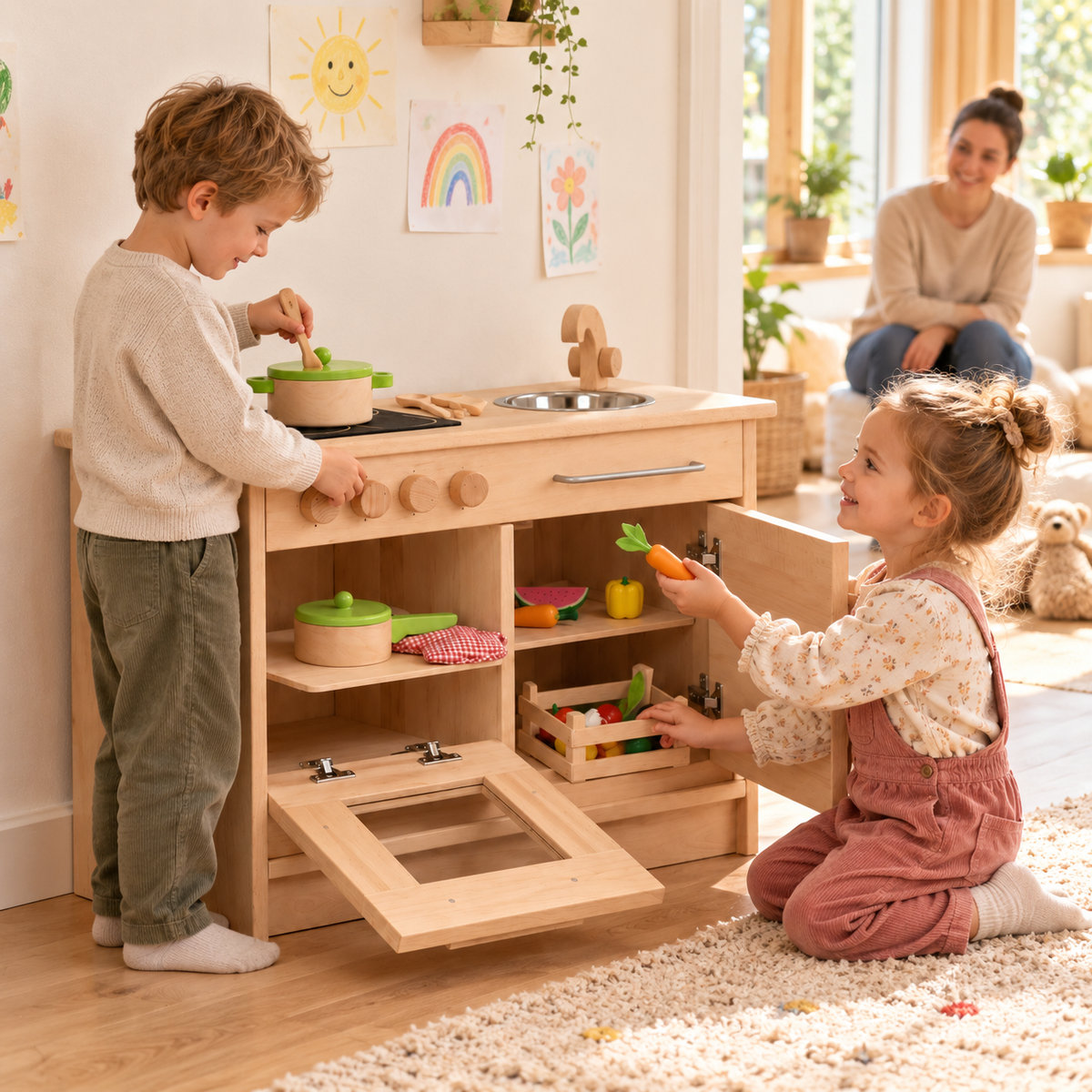 Kinder beim gemeinsamen Rollenspiel an der Kita-Kinderküche