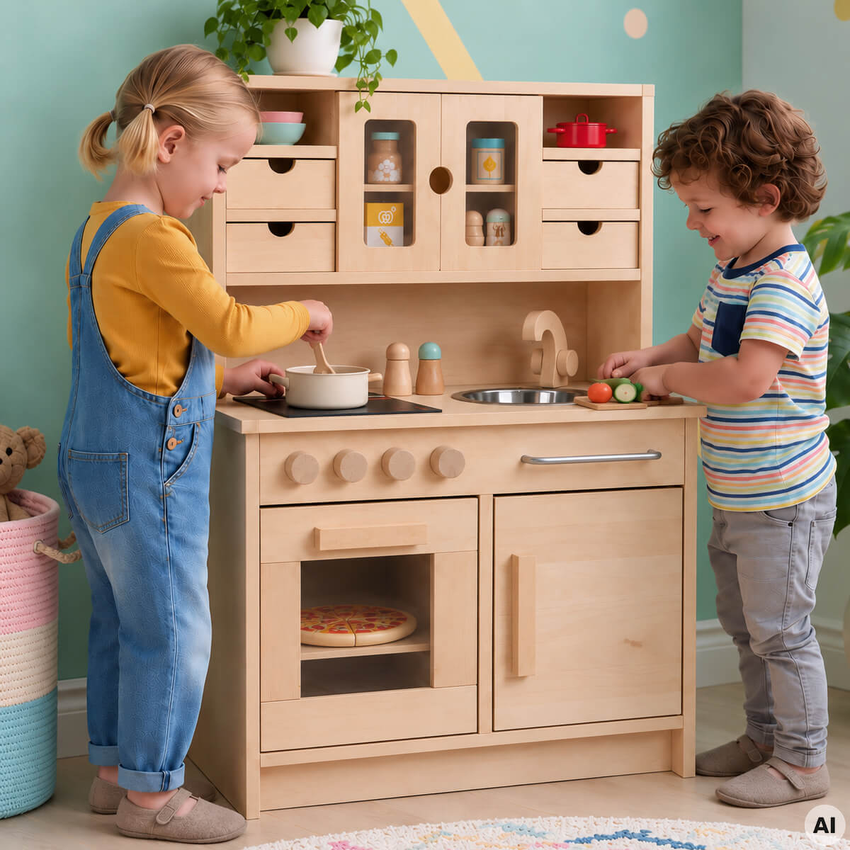 Kinder beim gemeinsamen Rollenspiel an einer Kita-Kinderküche