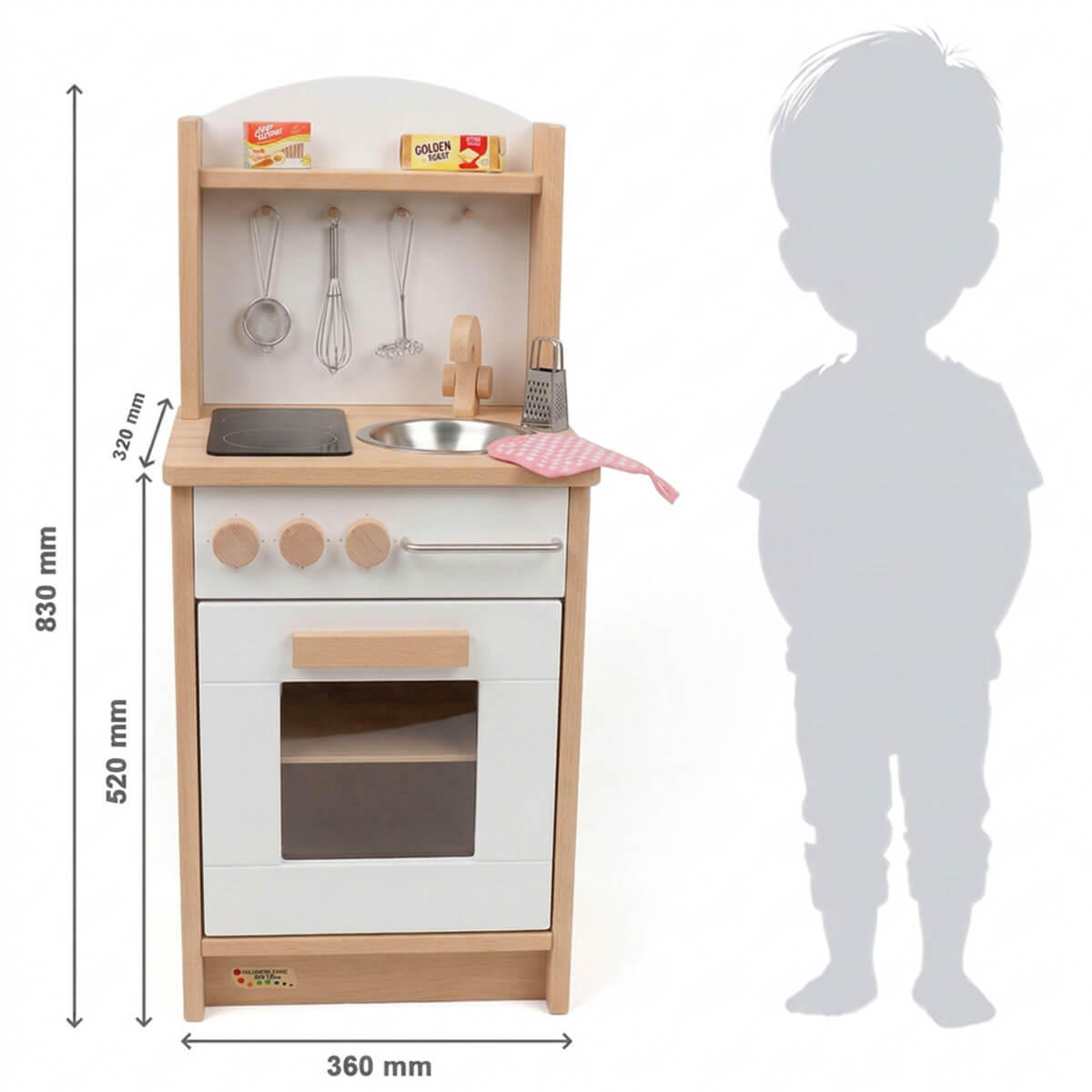 Abmessungen der kompakten Kita-Kinderküche DÄUMELINCHEN aus massivem Buchenholz