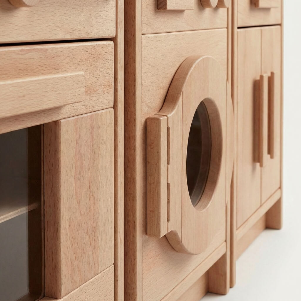 Massive Buche und sorgfältige Handwerksarbeit machen diese Kinderküche besonders langlebig