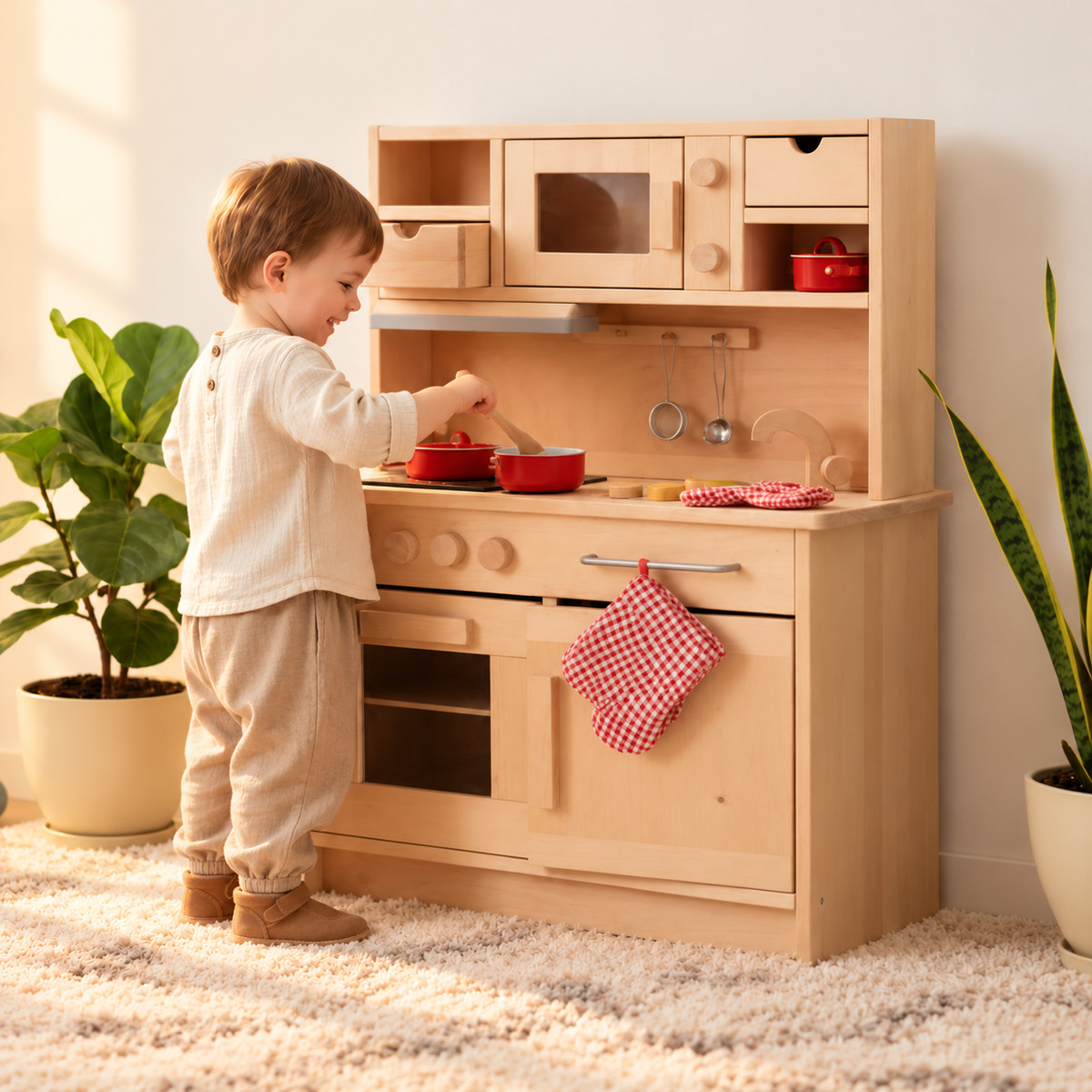 Kinder beim gemeinsamen Rollenspiel an einer Kita-Kinderküche