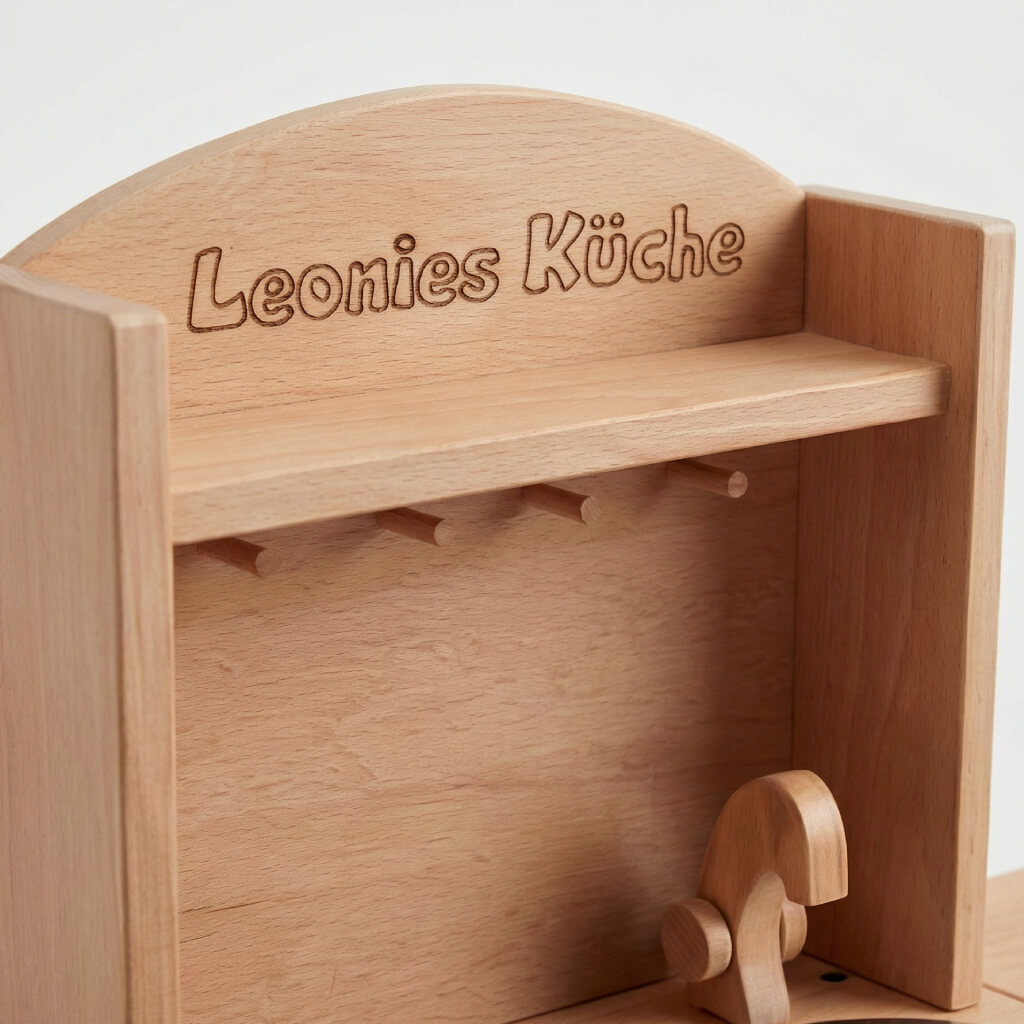 Detailaufnahme der Namensgravur auf der Holz Kinderküche zeigt hochwertige Personalisierung