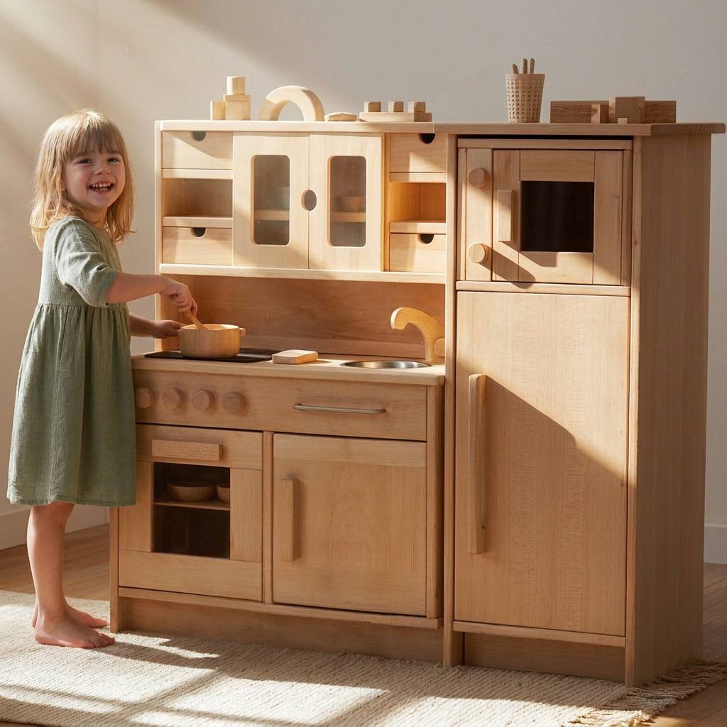 Hänsel Kinderküche Set mit Mikrowelle und Beistellschrank aus Buchenholz
