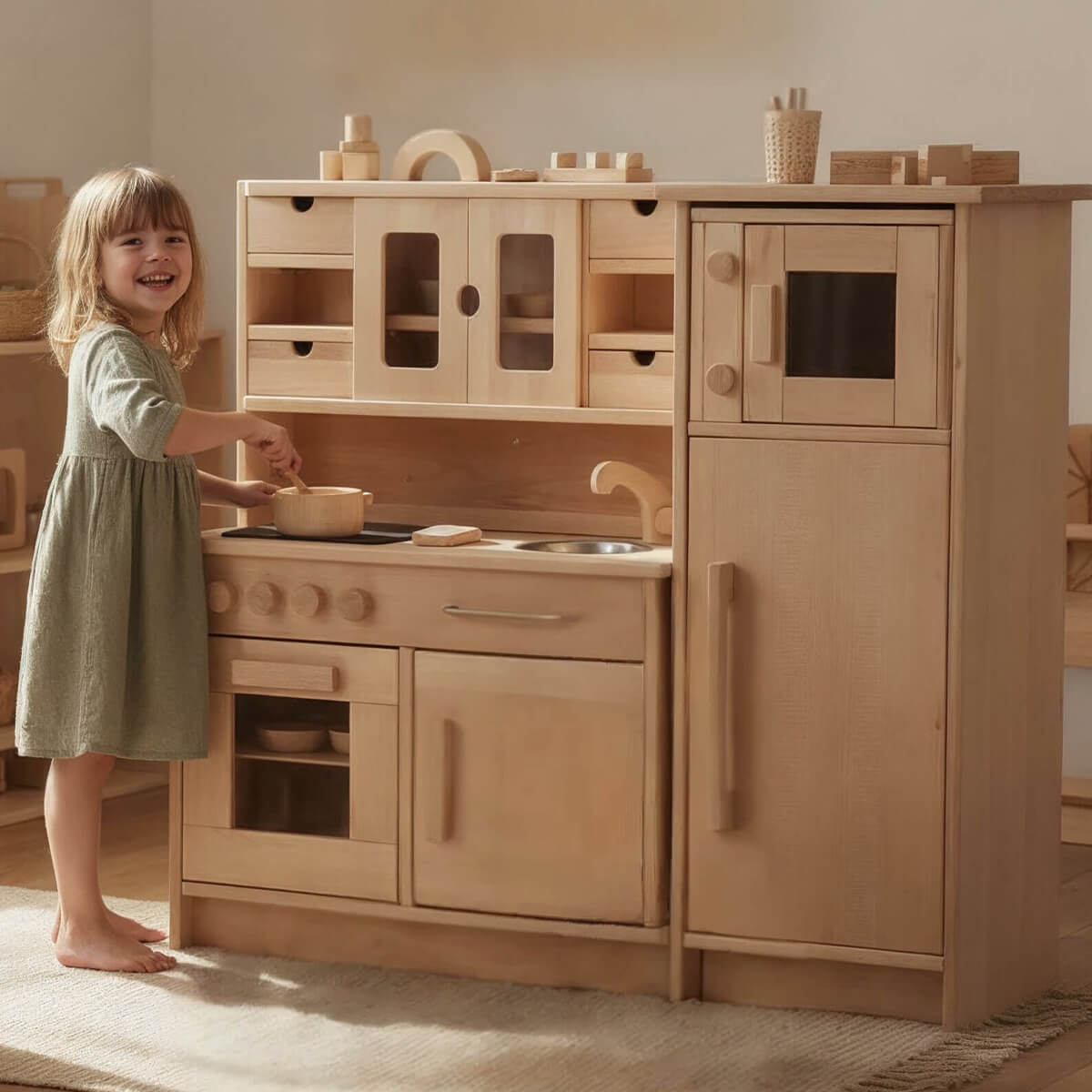 Hänsel Kinderküche Set mit Mikrowelle und Beistellschrank aus Buchenholz