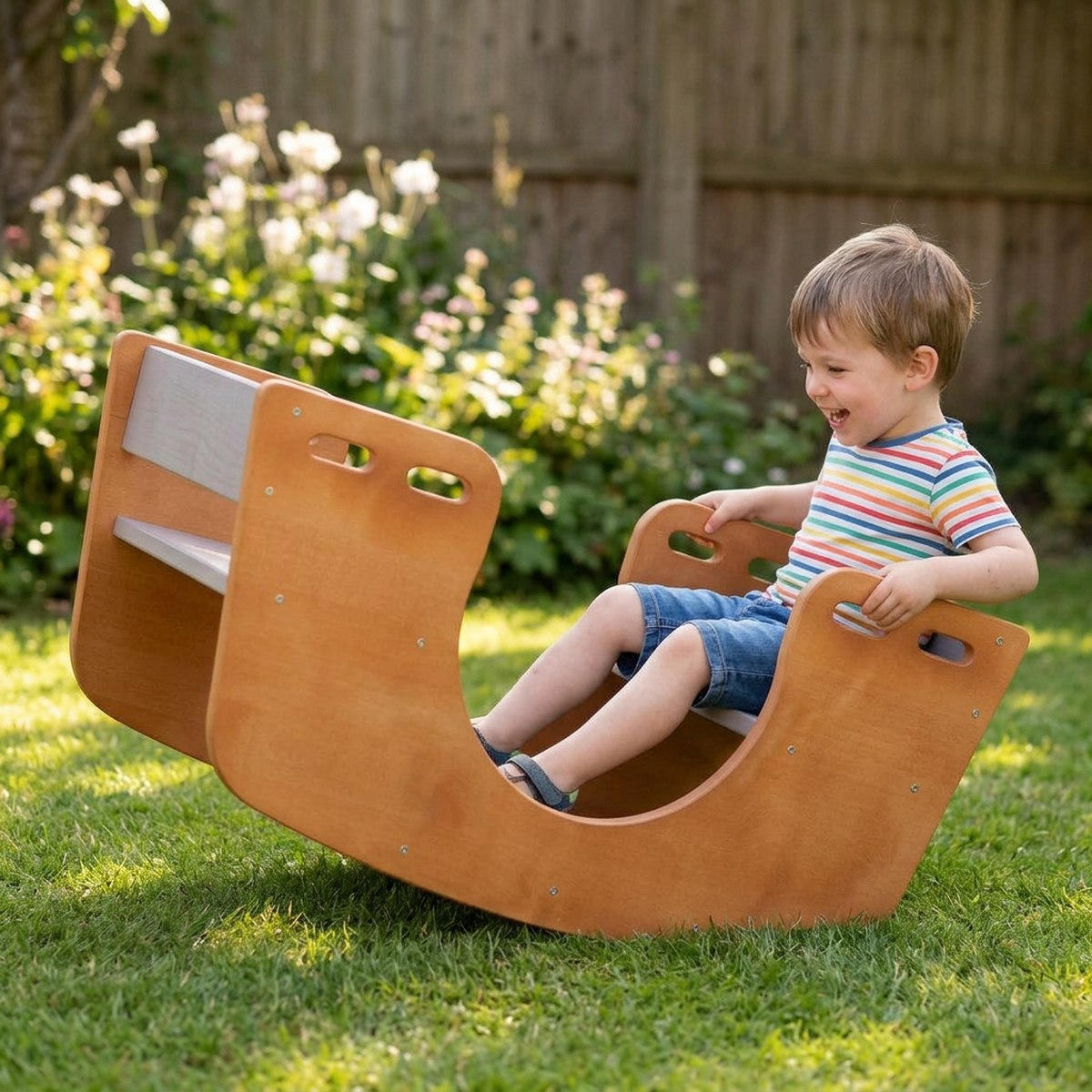 Kinderwippe Garten Holz – lachende Kinder spielen auf der Wippe im Freien