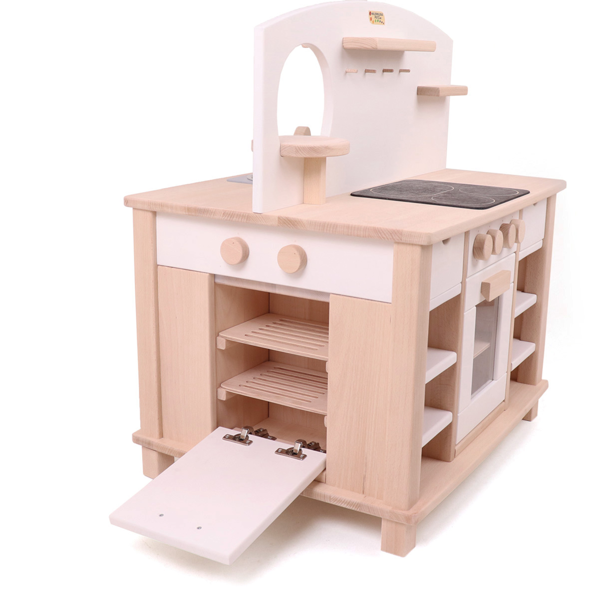 Weiße Kindergarten-Küche Cinderella | Natur-Weiß Spielküche fürs Kinderzimmer | 4-seitig bespielbar