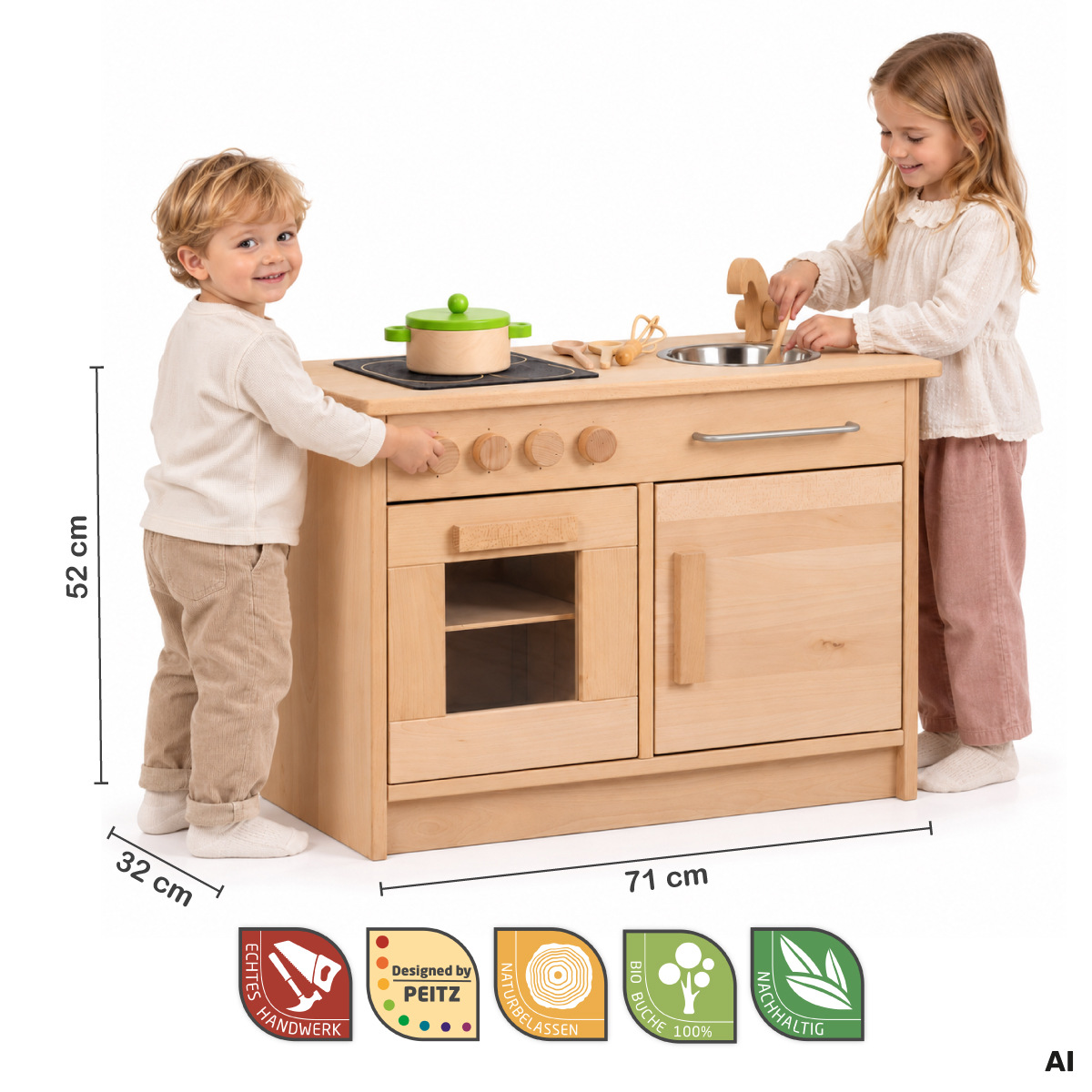 Abmessungen und Spielhöhe der Kinderküche U3 ROTKÄPPCHEN Weiß/Natur