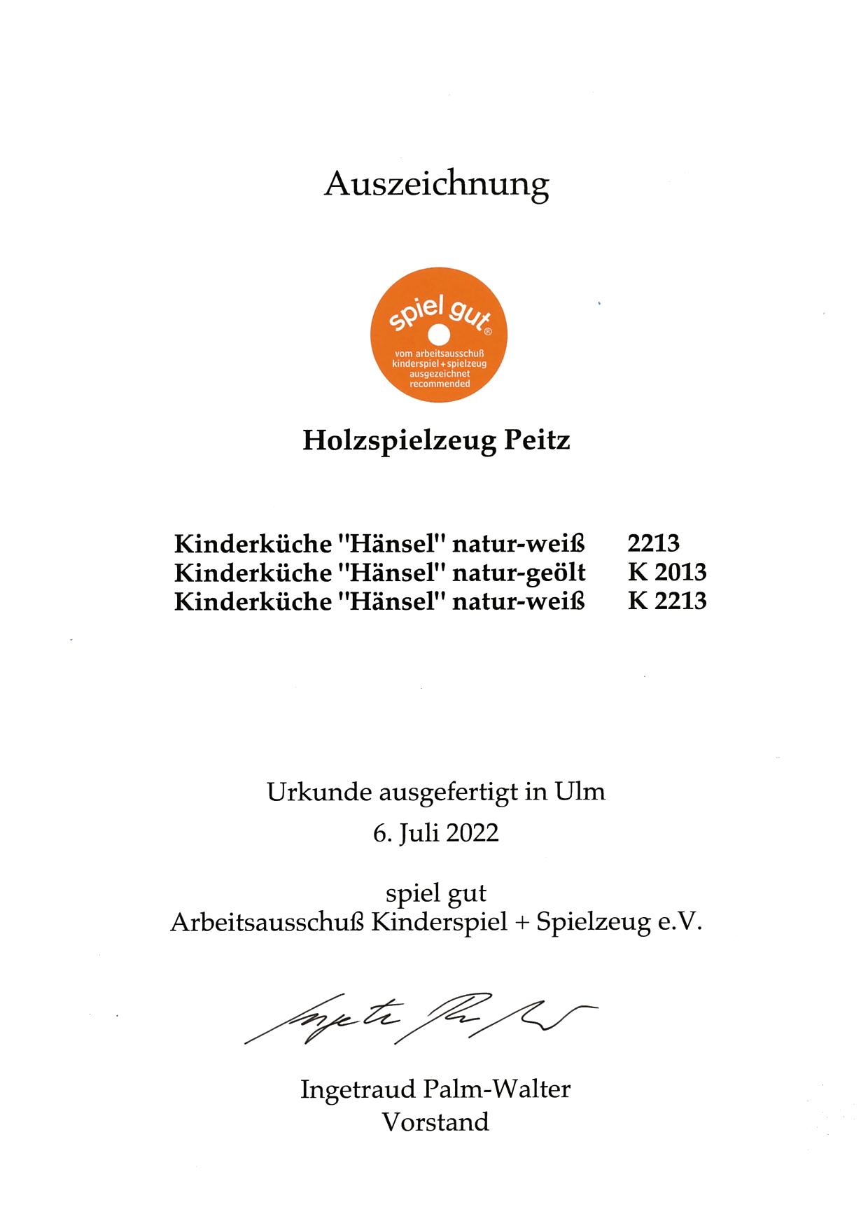 Auszeichnung Spielgut k2013-2213-k2213