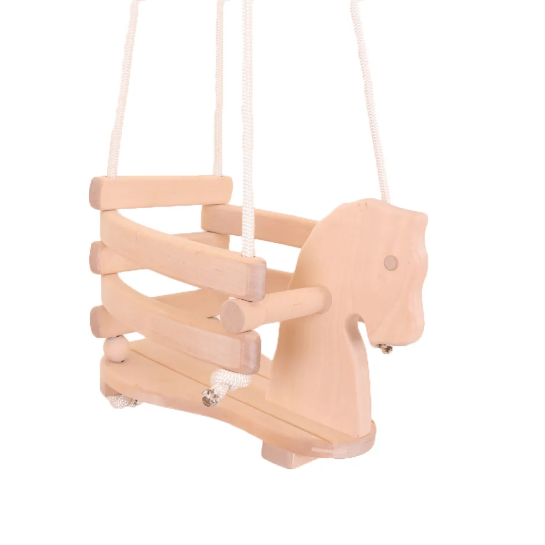 Kinder-Holz-Schaukel mit Pferdekopf vorne und eingefasstem Sitz.