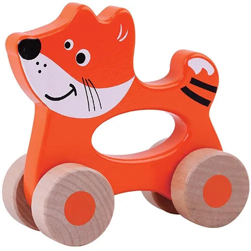 Hand-Schiebe-Tier Fuchs aus Holz mit Rädern als Motorik-Lernspielzeug.