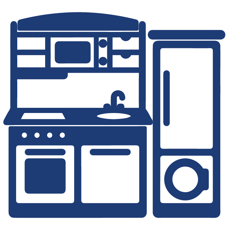 Holz-Küchenzeile für Kinder mit je einer Waschmaschine, einem Schrank und einem Küchenherd mit Backofen.