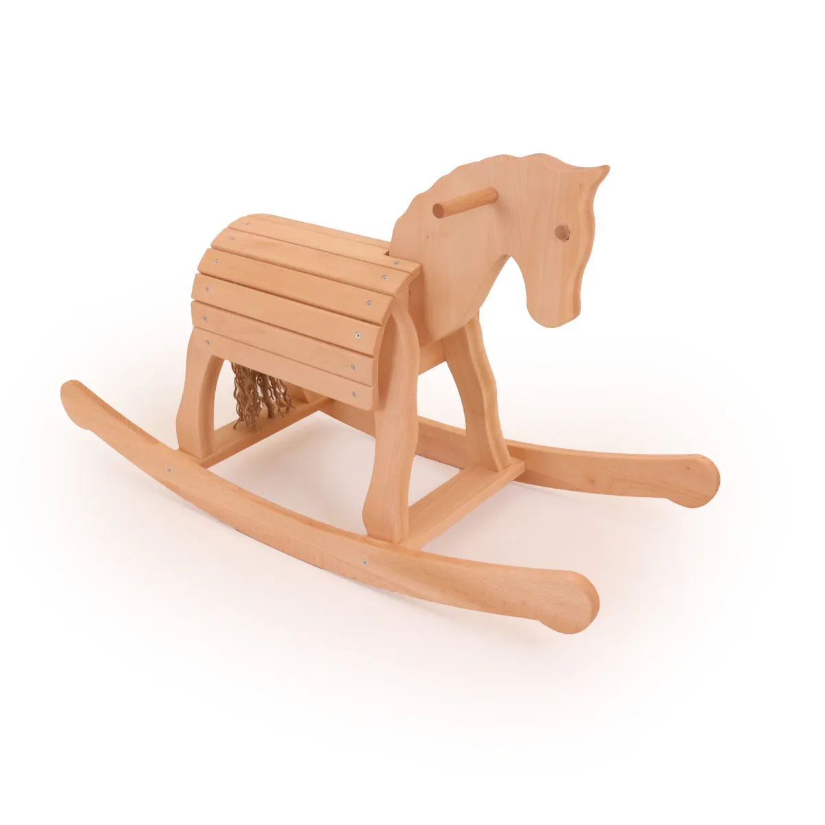 Naturfarbenes Holz-Schaukelpferd auf Kufen. Sitzfläche aus Leisten ähnlich Voltigierpferd.