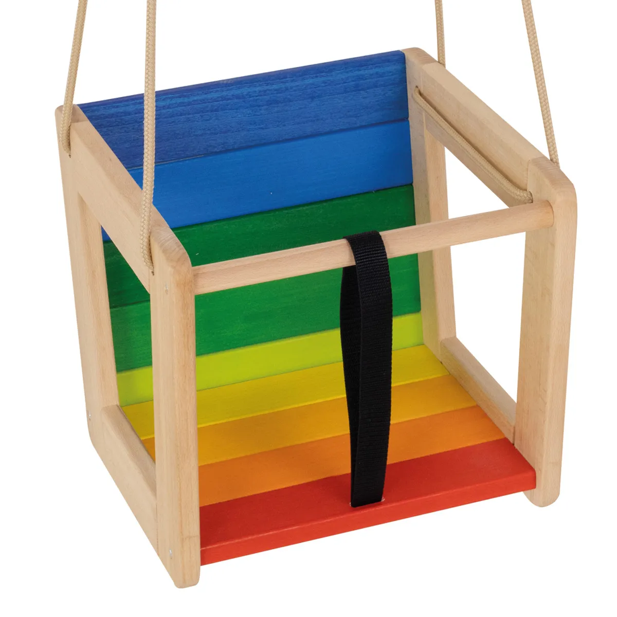 Gesicherte Kinder-Holz-Schaukel mit Sitzfläche in bunten Regenbogenfarben.