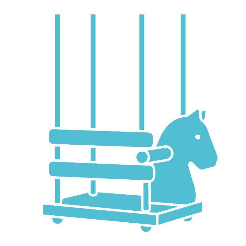 Kinder-Holz-Schaukel mit Pferdekopf vorne und eingefasstem Sitz.