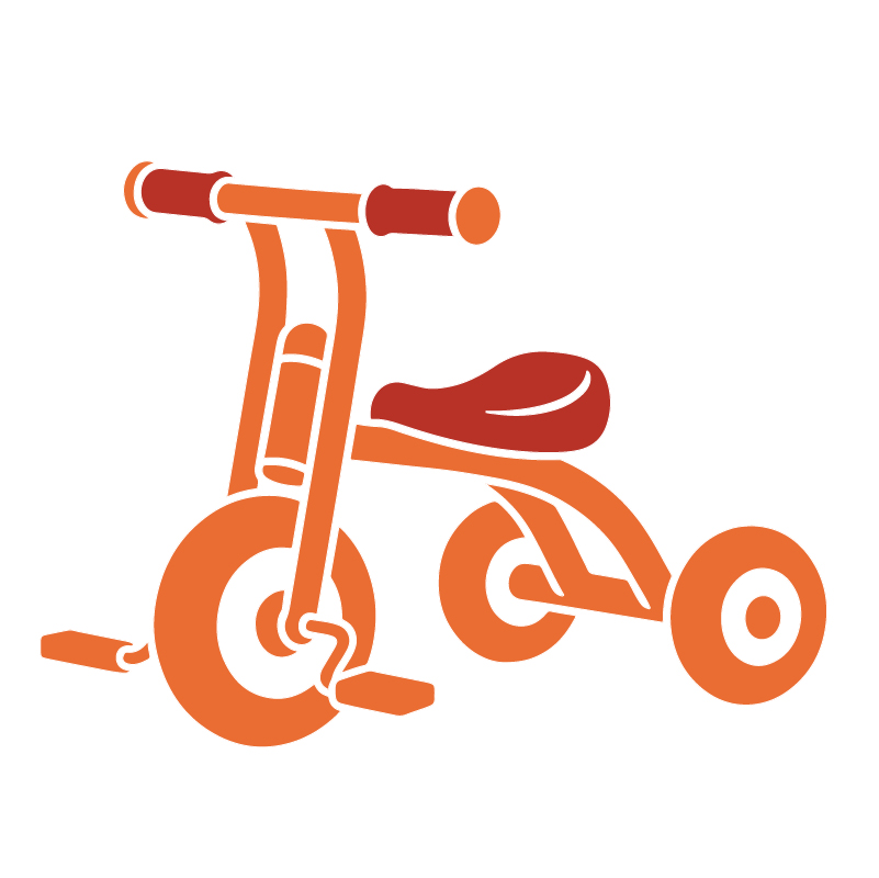 Gelbes Dreirad für draußen. Kinderfahrzeug mit dicken Rädern.