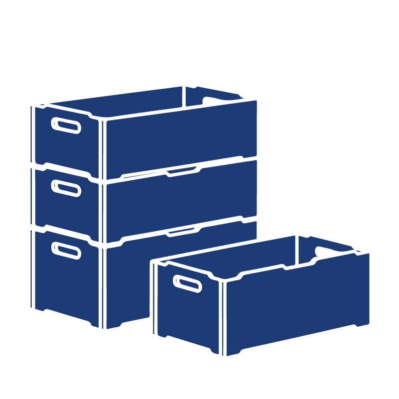 Holzordnungskisten in verschiedenen Formaten, mit Tragegriffen, stapelbar, mit Deckel und Rollen.