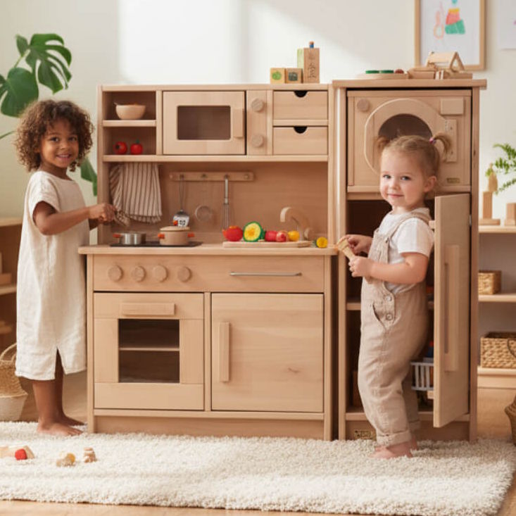 Holz-Küchenzeile für Kinder mit je einer Waschmaschine, einem Schrank und einem Küchenherd mit Backofen.