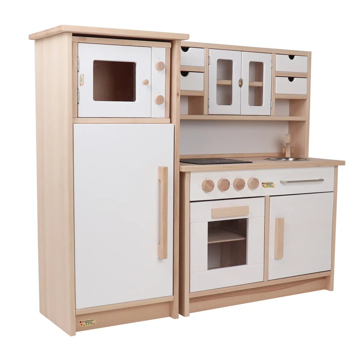 Kinder-Küchenzeile mit drei Einzelelementen: Waschmaschine, Schrank und Herd mit Backofen in Massivholz.