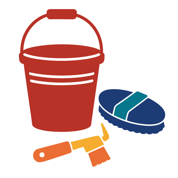 Tragbarer Pferdeputzkasten mit Striegel, Kardätsche, Wurzelbürste, Hufkratzer, Kamm und Putztuch.