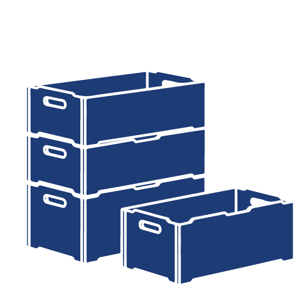 Eckige Ordnungskisten aus Massivholz mit Tragegriffen, stapelbar.