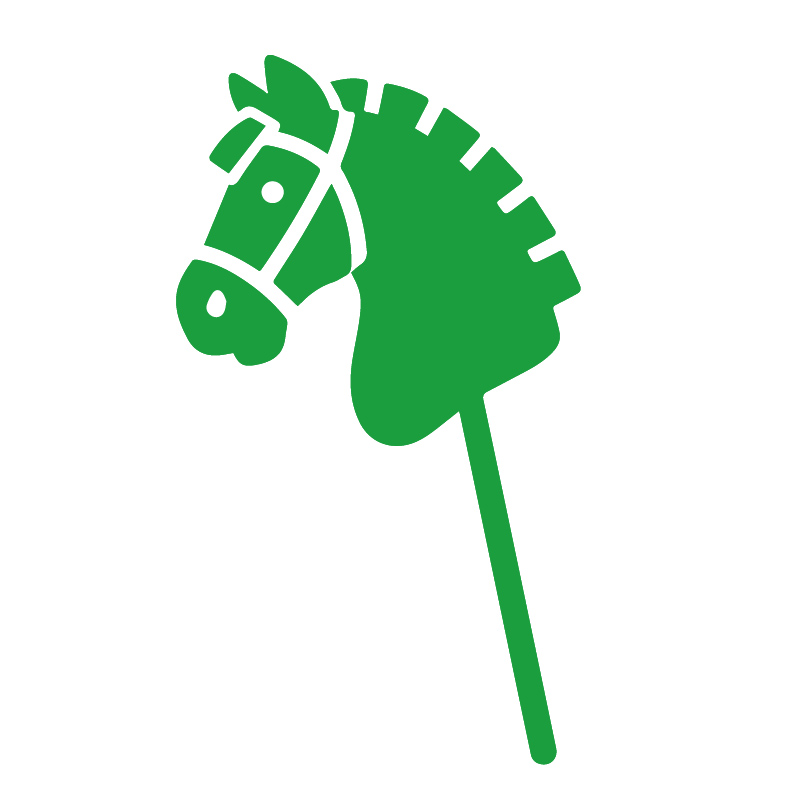 Schwarzes Steckenpferd mit Plüschkopf, Halfter und Holzpin mit Rolle.