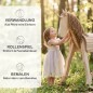 Preview: Kind spielt auf Holzpferd mit Einhorn-Horn im Garten – märchenhaftes Rollenspiel mit natürlichem Holzspielzeug