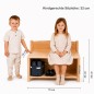 Preview: Kinder Sitzbank mit Schuhfach im Größenvergleich mit Kindern – Maße und Sitzhöhe klar dargestellt.