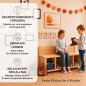 Preview: Kinder nutzen praktische Holz Garderobe mit Sitzbank und Kleiderstange im modernen Montessori Kinderzimmer