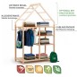 Preview: Montessori Kleiderschrank mit offenem Regal, Kleiderstange, Ablagefächern und Haus-Design