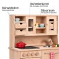 Preview: Holz Kinderküche HÄNSEL im Detail mit herausziehbaren Schubladen, Schiebetüren mit Acrylglasfenstern und Stauraum.
