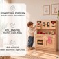 Preview: Holz Kinderküche HÄNSEL mit spielendem Jungen – Infografik zu Feinmotorik, Rollenspiel und Sicherheit.