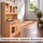 Preview: Platzsparende Holz Kinderküche HÄNSEL aus Buchenholz an einer hellen Wand im schmalen Wohnbereich.