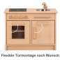 Preview: Holz Kinderküche mit flexibel montierbaren Schranktüren, dargestellt mit unterschiedlichen Türöffnungsrichtungen.