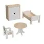 Preview: Puppenmöbel Set groß in weiß-natur aus Holz mit Bett, Kleiderschrank, Tisch & Stühle im Waldorf Stil
