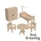 Preview: Puppenmöbel Set 6-teilig mit 2 Stühle, Tisch, Bett mit Himmel & Tuch, Kleiderschrank