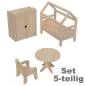 Preview: Puppenmöbel Set 5-teilig mit Stuhl, Tisch, Bett mit Dach & Tuch, Kleiderschrank