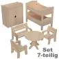 Preview: Puppenmöbel Set 7-teilig mit 2 Stühle, Tisch, Bank, Bett mit Dach & Tuch, Kleiderschrank