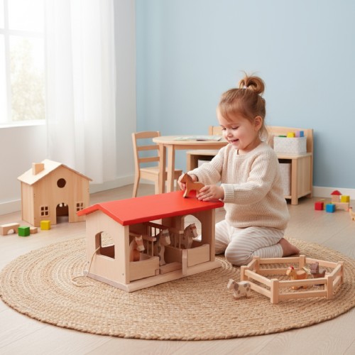 Preview: Tiere Holzspielzeug Landwirtschaft Holz-Bauernhof Reiterhof Stall, Ponyhof-Spielzeug-Pferdestall fuer Kinder Kinderzimmer