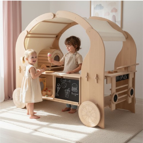 Preview: Kinder Foodtruck aus Holz im hellen Kinderzimmer mit Fenster, Vorhängen und Teppich, zwei Kinder spielen Verkäufer und Kunde.