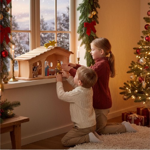 Preview: Krippenstall mit Schindeln groß - Spielender Junge mit Krippenfiguren